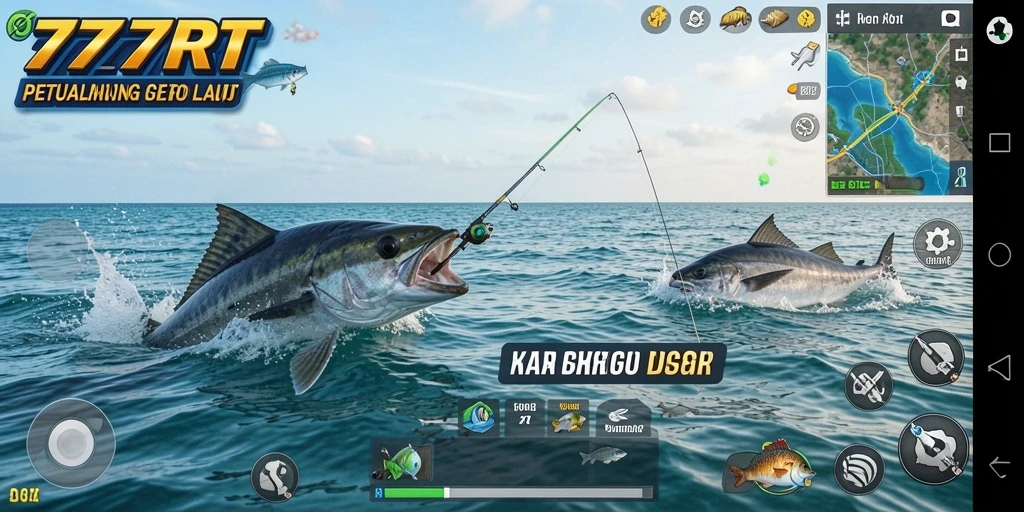 Tampilan gameplay <strong>777RT</strong> saat menangkap ikan di laut biru yang menakjubkan.