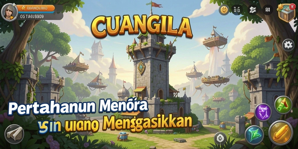 Screenshot gameplay CUANGILA menunjukkan menara bertahan melawan serangan musuh.