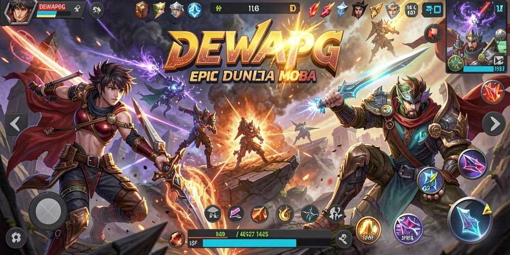 Screenshot gameplay <strong>DEWAPG</strong> menampilkan pertempuran epik antara tim di arena.