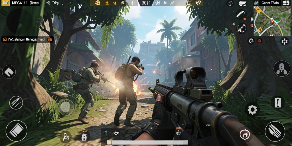 Tampilan utama gameplay <strong>MEGA111</strong> menampilkan aksi tempur yang mendebarkan.