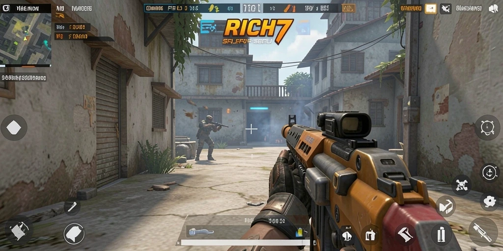 Screenshot menarik dari gameplay intens RICH7 yang penuh aksi FPS.